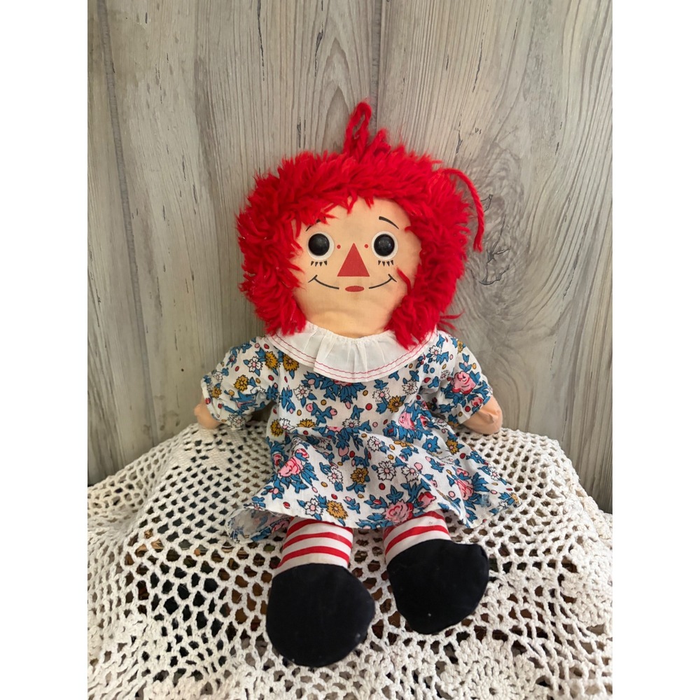 Vintage Raggedy Ann Plush Doll Red Yarn Hair Floral Dress 12 Inch Soft Cloth Toy